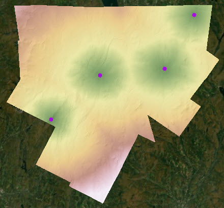 Map of accumulative cost distance calculated from four points Map of accumulative cost distance calculated from four points